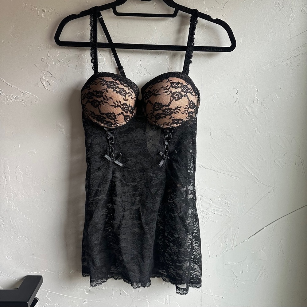 NWT Adore Me Black Lace Chemise Babydoll Dark Romantic Coquette Lingerie Sz‎ L